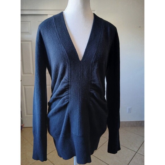 Beth Bowley 100% Cashmere V-Neck Sweater Black Ruched Women Size L Luxury - Picture 2 of 15